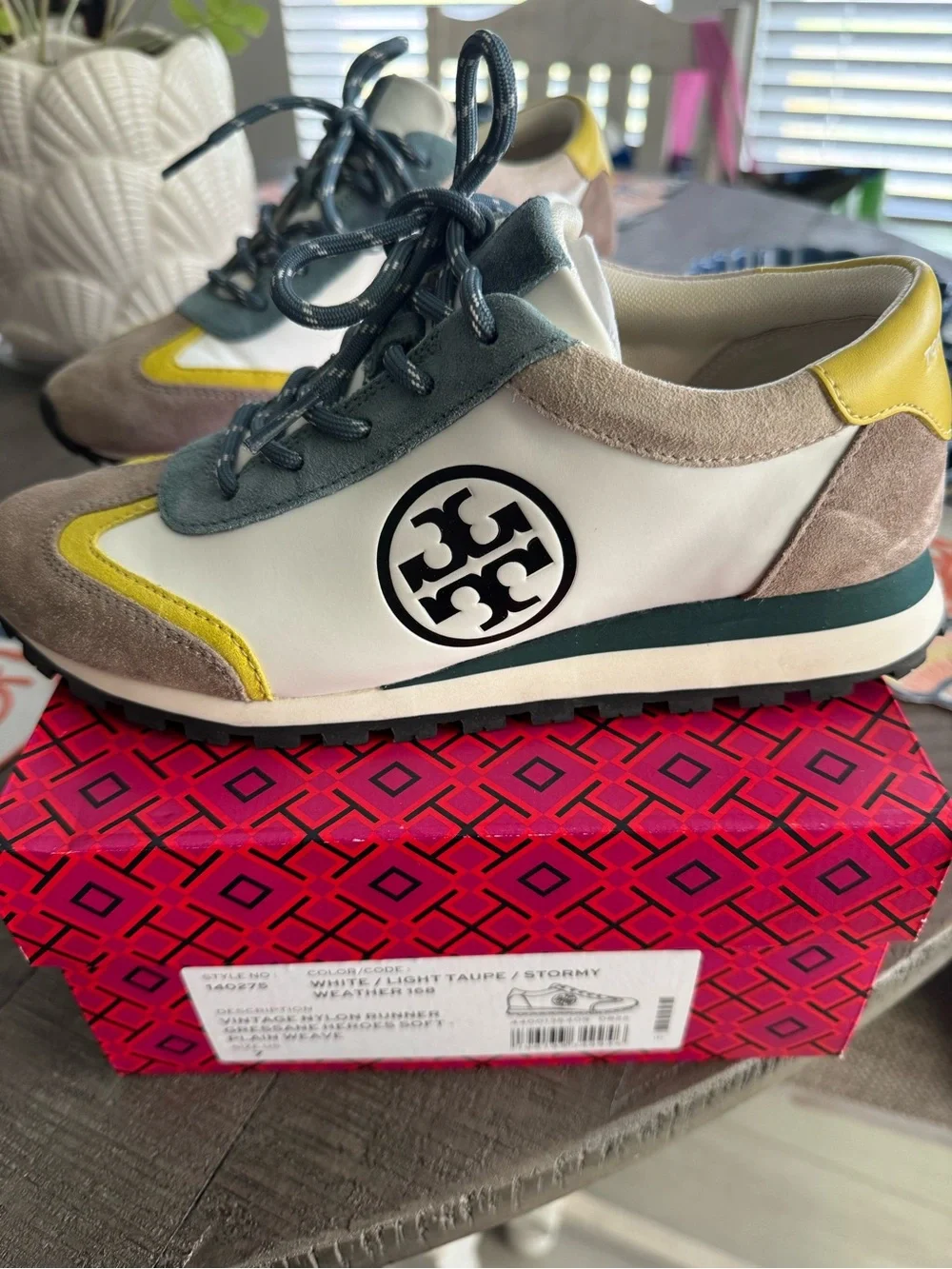 Tory Burch White, Light Taupe, Stormy & Yellow Runner Sneaker